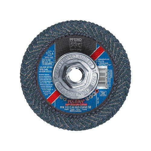 Pferd Inc POLIFAN® SGP Zircon-Curve Radial Type PFR Flap Disc, 4-1/2 in x 9/16 in, 40 Grit, 5/8 in to 11 Arbor, 13,300 RPM (419-67212) Each