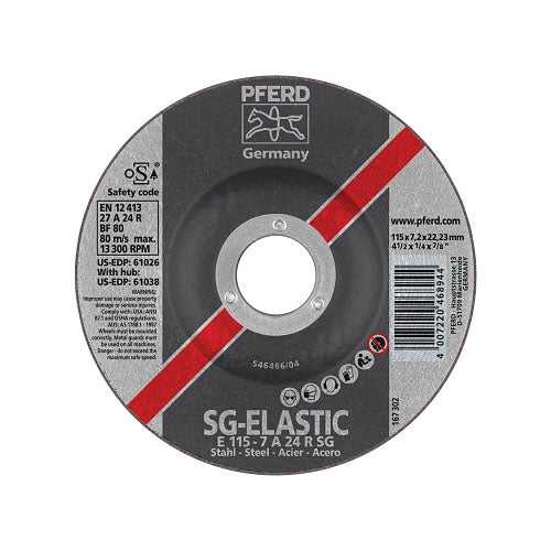 Pferd Inc Type 27 SG Depressed Center Grinding Wheel, 4-1/2 Dia, 1/4 Thick, 7/8 Arbor, Alum Oxide (419-61026) Each