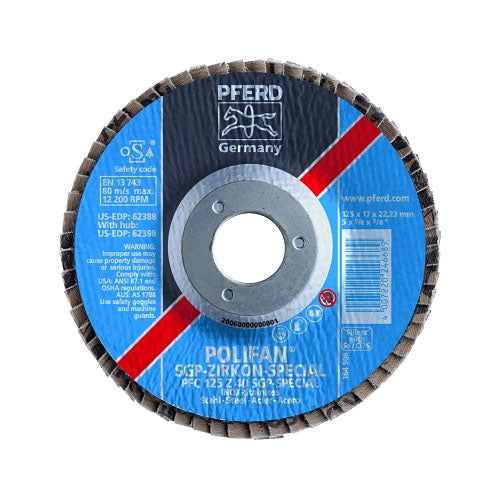 Pferd Inc Type 29 POLIFAN® SGP Flap Disc, 7 in dia, 40 Grit, 7/8 in dia Arbor, 8,600 RPM, Ceramic Oxide (419-62669) Box of 10