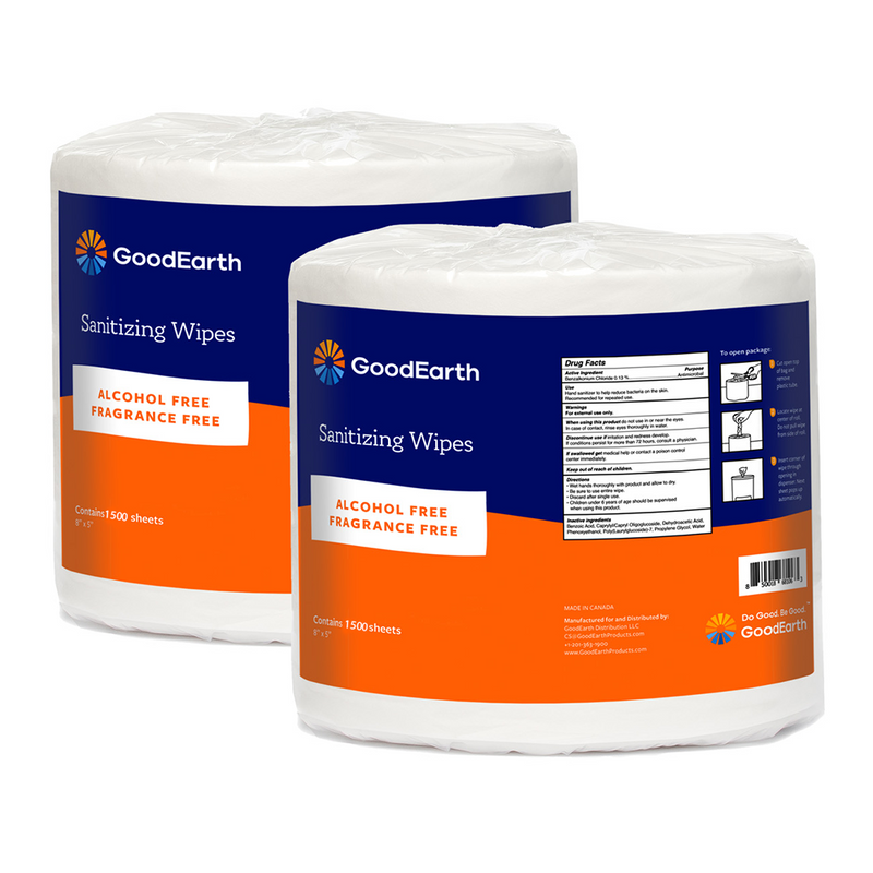 GoodEarth Sanitizing Wipes - 3000 Total Wipes (1500 wipes per roll; 2 rolls per case)