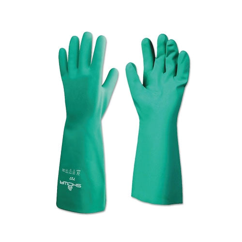 Showa Nitrile Disposable Gloves, Gauntlet Cuff, Unlined Lined, 9/Large, Green, 15 mil (845-727-09) 1 Dozen