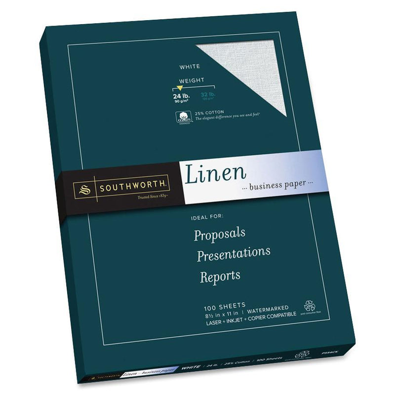 Southworth Linen Paper, 24 lb., 8-1/2&quot;x11&quot;, 100 Sheets/BX, White (SOUP554CK) Each