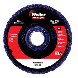 Weiler Vortec Pro® Abrasive Flap Disc, 4-1/2 in dia, 40 Grit, 7/8 Arbor, 13000 rpm, Type 29 (804-31344) Each