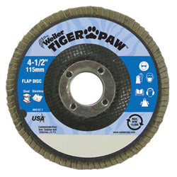 Weiler Tiger Paw™ Coated Abrasive Flap Disc, 4-1/2 in dia, 60 Grit, 7/8 Arbor, 13000 rpm, Type 27 (804-51109) Carton of 10
