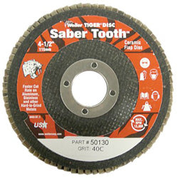 Weiler Tiger® Saber Tooth™ Ceramic High Density Flap Disc, 4-1/2 in dia, 40 Grit, 5/8 in-11, 13000 RPM, Type 27 (804-50133) Each