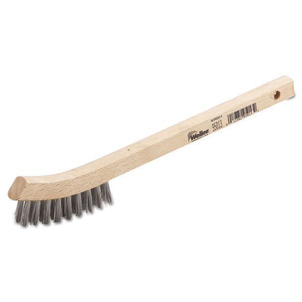 Weiler Small Hand Scratch Brushes, 8 3/4 in, 2 X 9 Rows, SS Wire, Curved Wood Handle (804-95013) Each