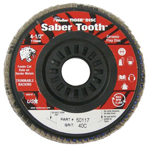 Weiler Saber Tooth Trimmable Ceramic Flap Discs, 4 1/2", 40 Grit, 7/8 Arbor, 13,000 rpm (804-50117) 10 EA / BX
