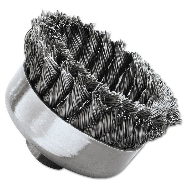 Weiler Single Row Heavy-Duty Knot Cup Brush, 4 in dia, 5/8-11, 0.023 Steel Wire, Retail Pack (804-12316) Each