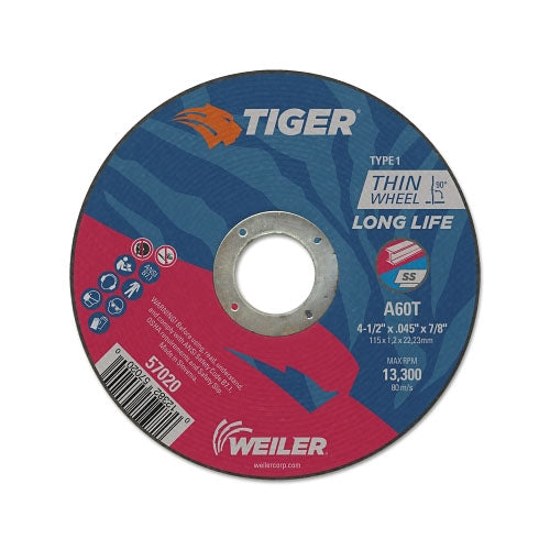 Weiler Tiger® Aluminum Oxide Flat Type 1 Cutting Wheel, 4-1/2 in Diameter x 0.045 in, 7/8 in Arbor, 60 Grit, T Hardness (804-57020) Pack of 25