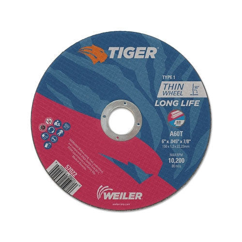 Weiler Tiger® Aluminum Oxide Flat Type 1 Cutting Wheel, 6 in dia x 0.045 in, 7/8 in Arbor, 60 Grit, T Hardness (804-57022) Pack of 25