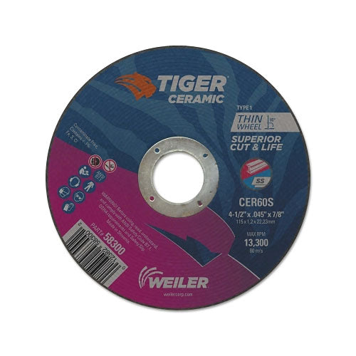 Weiler Tiger™ Ceramic Cutting Wheel, 4.5 in Diameter, 0.045in Thick, 24/bx (804-58300) 804-58300
