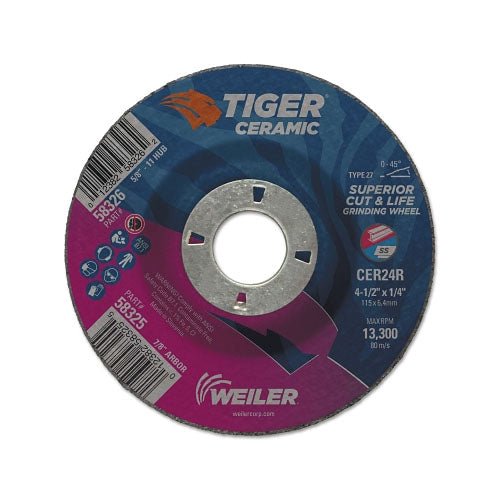 Weiler Tiger Ceramic Grinding Wheels, 4.5 in Dia, 1/4 in Thick, 7/8 in Arbor,10/bx (804-58325) 1 Box