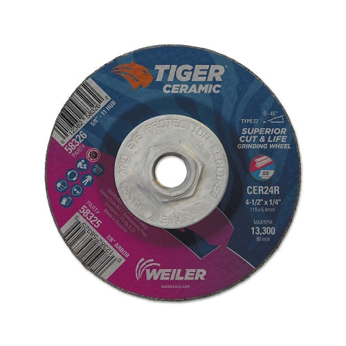 Weiler Tiger Ceramic Grinding Wheels, 4.5 in Dia, 1/4 in Thick, 5/8 in Arbor,10/bx (804-58326) 1 Box