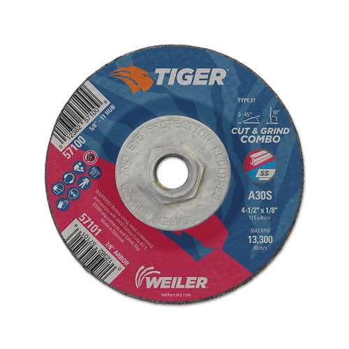 Weiler Tiger Combo Wheels, 4 1/2 in Dia, 5/8 in-11 Arbor, Grit 30 (804-57100) Pack of 10