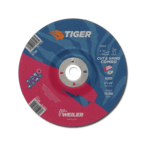 Weiler Tiger Combo Wheels, 6" Dia., 1/8" Thick, 7/8" Arbor, 24 Grit, Aluminum Oxide (804-57109) Box of 25