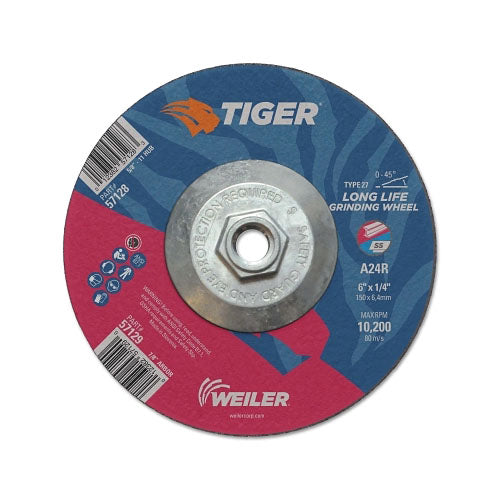 Weiler Tiger Grinding Wheels, 6 in Dia., 1/4 in Thick, 24 Grit, Aluminum Oxide (804-57128) Box of 10