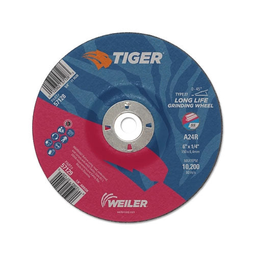 Weiler Tiger Grinding Wheels, 6 in Dia., 1/4 in Thick, 7/8 in Arbor, 24 Grit (804-57129) Box of 10