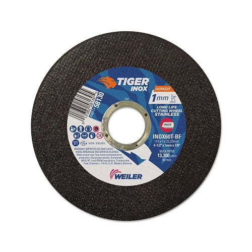 Weiler Tiger INOX Ultracut Thin Cutting Wheel, 4 1/2", 7/8" Arbor, 60, 13300 rpm, 50/PK (804-58130) Box of 50