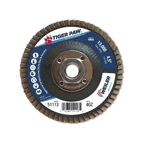 Weiler Tiger Paw™ Coated Abrasive Flap Disc, 4-1/2 in, 40 Grit, 5/8 Arbor, Phenolic Back (804-51113) 10 EA / CT