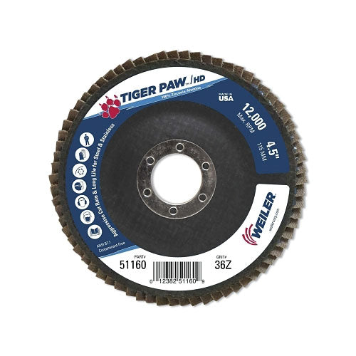 Weiler Tiger Paw Coated Abrasive Flap Discs,4 1/2",36 Grit,7/8 Arbor,Phenolic,12000rpm (804-51160) 10 EA / CT