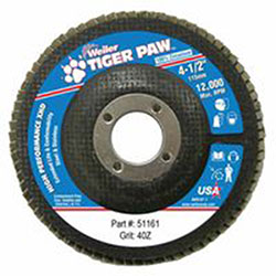 Weiler Tiger Paw™ Super High Density Flap Disc, 4-1/2 in dia, 40 Grit, 7/8 in Arbor, 12000 rpm, Type 27 (804-51161) Case of 10