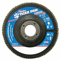 Weiler Tiger Paw™ Super High Density Flap Disc, 4-1/2 in dia, 60 Grit, 7/8 in Arbor, 12,000 RPM, Type 27 (804-51162) Case of 10