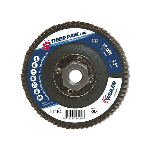 Weiler Tiger Paw™ Super High Density Flap Disc, 4 1/2", 36 Grit, 5/8 Arbor, 12,000 rpm (804-51164) 10 EA / CT