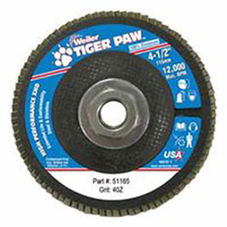 Weiler Tiger Paw™ Super High Density Flap Disc, 4-1/2 in dia, 40 Grit, 5/8 in-11, 12000 rpm, Type 27 (804-51165) Case of 10