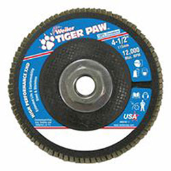Weiler Tiger Paw™ Super High Density Flap Disc, 4-1/2 in dia, 60 Grit, 5/8 in-11, 12000 rpm Type 27 (804-51166) Case of 10