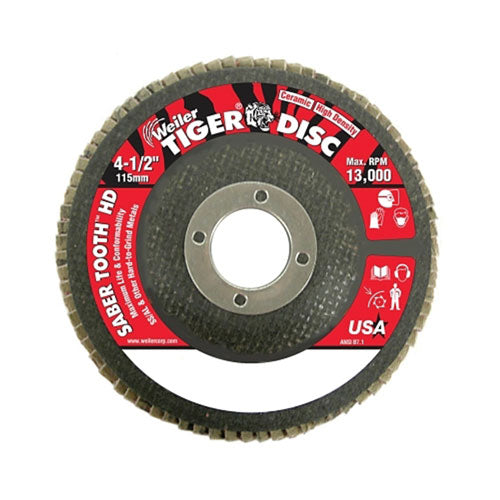 Weiler Tiger® Saber Tooth™ Ceramic High Density Flap Disc, 4-1/2 in dia, 40 Grit, 7/8 in Arbor, 13000 RPM, Type 27 (804-50130) Each