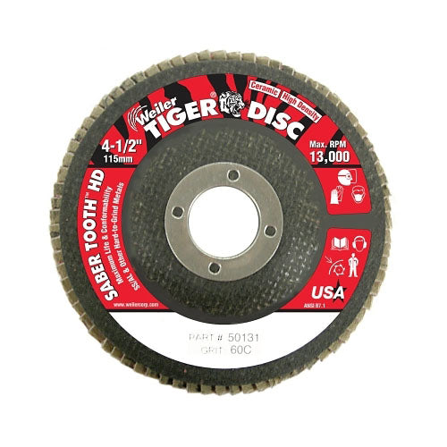 Weiler Tiger® Saber Tooth™ Ceramic High Density Flap Disc, 4-1/2 in dia, 60 Grit, 7/8 in Arbor, 13,000 RPM, Type 27 (804-50131) Case of 10