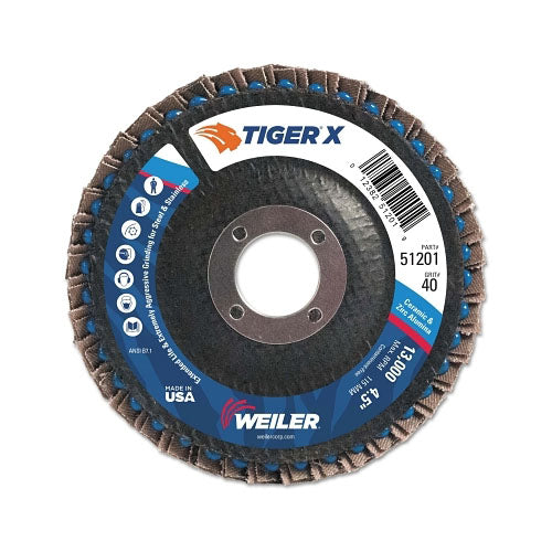 Weiler Tiger® X Flap Disc, 4-1/2 in dia, 40 Grit, 7/8 in Arbor, 13000 rpm, Type 29 (804-51201) 10 EA / PK