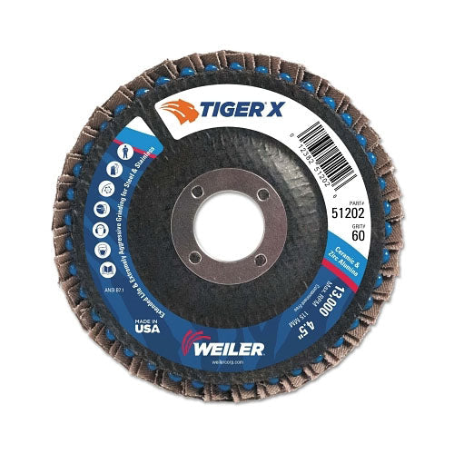Weiler Tiger® X Flap Disc, 4-1/2 in Angled, 60 Grit, 7/8 in Arbor (804-51202) 10 EA / PK