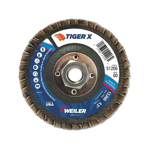 Weiler Tiger® X Flap Disc, 4-1/2 in Angled, 60 Grit, 5/8 in to 11 Arbor (804-51206) 10 EA / PK