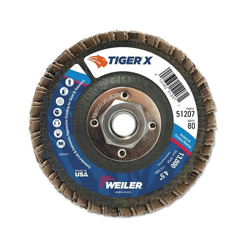 Weiler Tiger® X Flap Disc, 4-1/2 in Angled, 80 Grit, 5/8 in to 11 Arbor (804-51207) 10 EA / PK