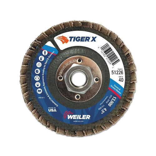 Weiler Tiger® X Flap Disc, 4-1/2 in dia, 40 Grit, 5/8 in - 11, 13000 rpm, Type 27 (804-51226) 10 EA / PK