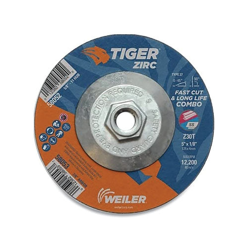 Weiler Tiger® Zirc Combo Wheel, 5 x 1/8 in, 5/8 in-11 Arbor, Type 27, Z30T (804-58052) Pack of 10