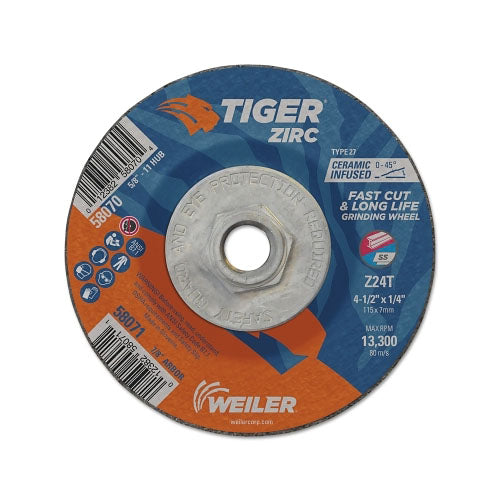 Weiler Tiger® Zirc Grinding Wheel, 4-1/2 in Dia, 1/4 in Thick, 5/8 in-11 Arbor (804-58070) Pack of 10