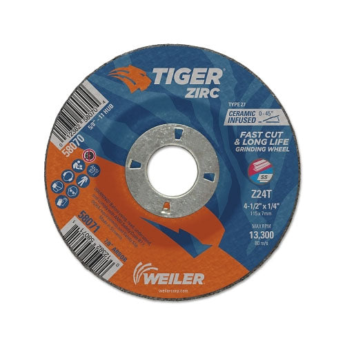 Weiler Tiger® Zirc Grinding Wheel, 4-1/2 in Dia, 1/4 in Thick, 7/8 in Arbor (804-58071) Pack of 10