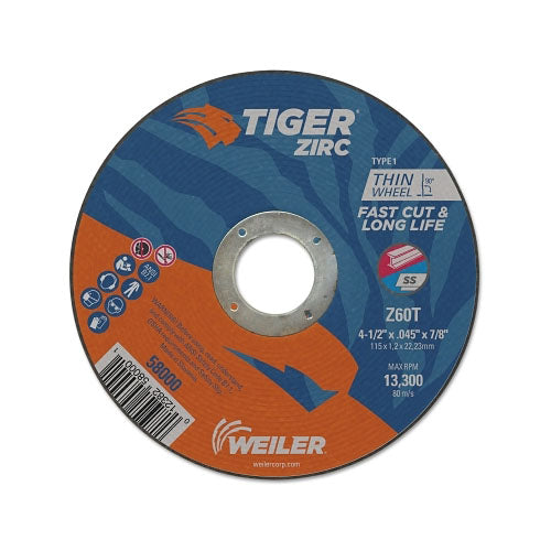 Weiler Tiger® Zirc Thin Cutting Wheel, 4-1/2 in dia, 0.045 in Thick, 7/8 in Arbor, 60 Grit, Zirconia Alumina, Type 1 (804-58000) Pack of 25