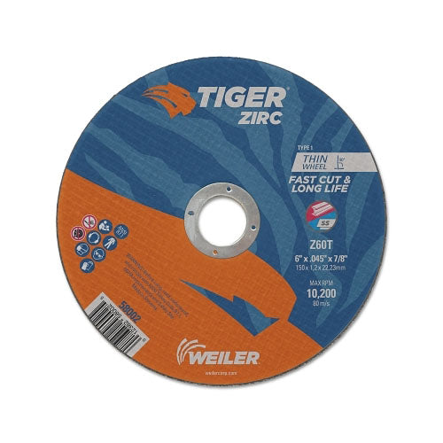 Weiler Tiger® Zirc Thin Cutting Wheel, 6 in dia, 0.045 in Thick, 7/8 in Arbor, 60 Grit, Zirconia Alumina, Type 1 (804-58002) Pack of 25