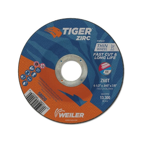 Weiler Tiger® Zirc Thin Cutting Wheel, 4-1/2 in dia, 0.045 in Thick, 7/8 in Arbor, 24 Grit, Zirconia Alumina, Type 27 (804-58020) Pack of 25