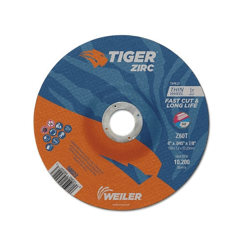 Weiler Tiger® Zirc Thin Cutting Wheel, 6 in Dia, .045 Thick, 7/8 in Arbor, Grit 24 (804-58022) Pack of 25