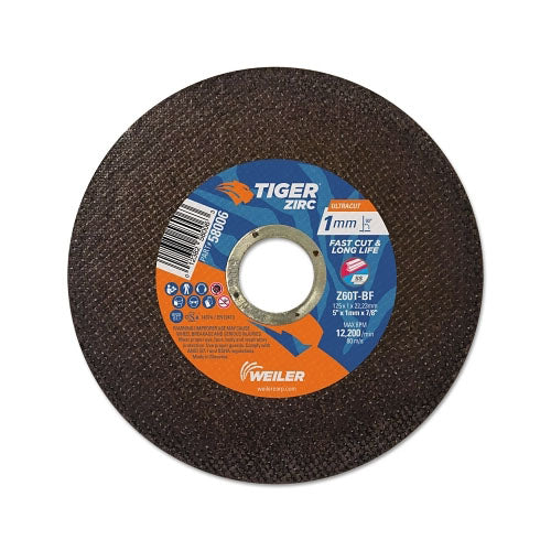 Weiler Tiger Zirconia Ultracut Thin Cutting Wheel, 5", 7/8" Arbor, 60, 12200 rpm, 50/PK (804-58006) Box of 50