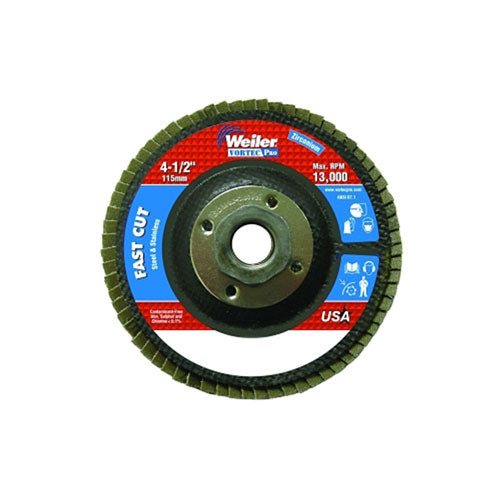 Weiler Vortec Pro® Abrasive Flap Disc, 4-1/2 in dia, 120 Grit, 5/8 in-11, 13000 rpm, Type 29 (804-31353) Each
