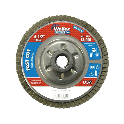 Weiler Vortec Pro Abrasive Flap Discs,4.5", 40 Grit, 5/8 Arbor, 13,000 rpm, Alum Back (804-31314) Each