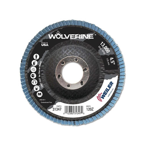 Weiler Vortec Pro Abrasive Flap Discs,4.5", 120 Grit, 7/8 Arbor, 13,000 rpm, Phenolic (804-31347) Each