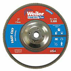 Weiler Vortec Pro® Abrasive Flap Disc, 7 in dia, 36 Grit, 5/8 in-11, 8600 rpm, Type 29 (804-31367) Each