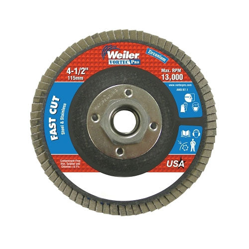 Weiler Vortec Pro® Abrasive Flap Discs, 4-1/2 in x 5/5-11 in A, Flat, Phenolic Backing, 8 oz (804-31410) Pack of 10