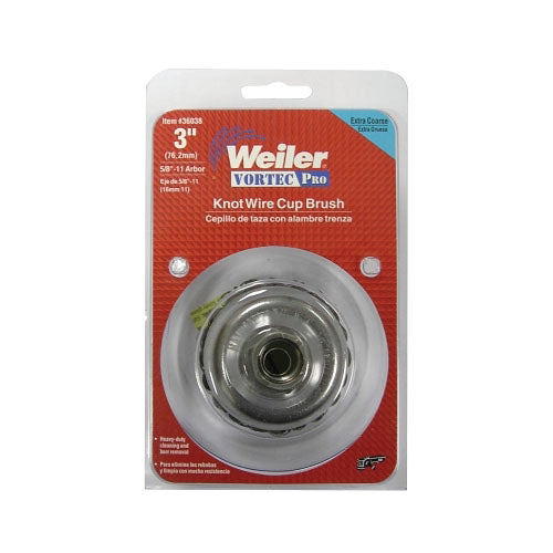 Weiler Vortec Pro® Knot Wire Cup Brush, 3 in dia, 5/8 in-11 Arbor, 0.02 in Carbon Steel Wire (804-36038) 5 EA / CT